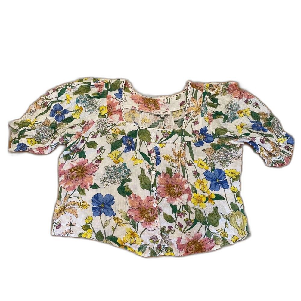 Laura Ashley‎ Floral Puff Sleeve Square Neck Blouse Size L Romantic Floral Print